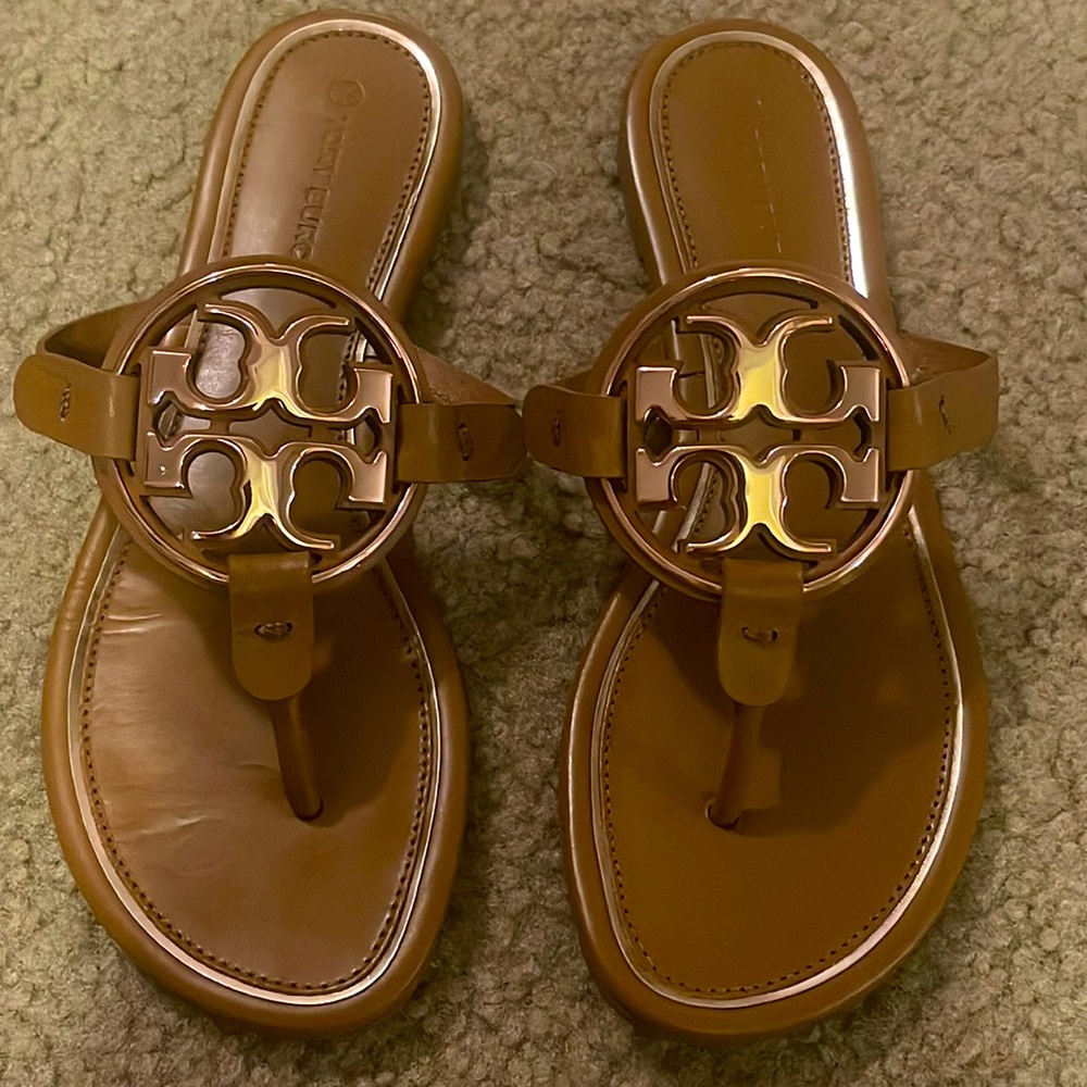 Brown and rose gold Tory Burch Miller sandals